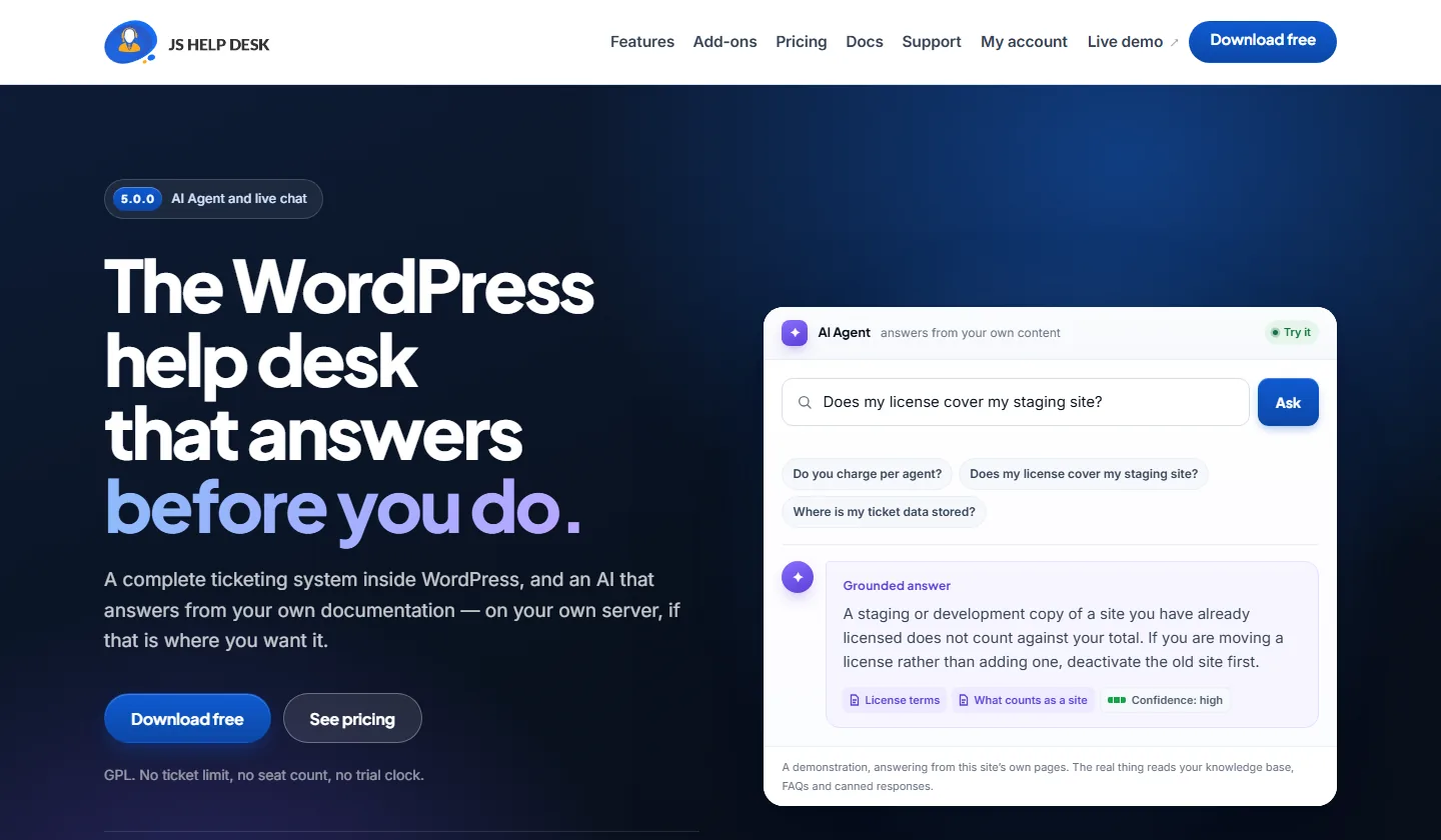 JS Help Desk website with its AI Agent answering a customer question
