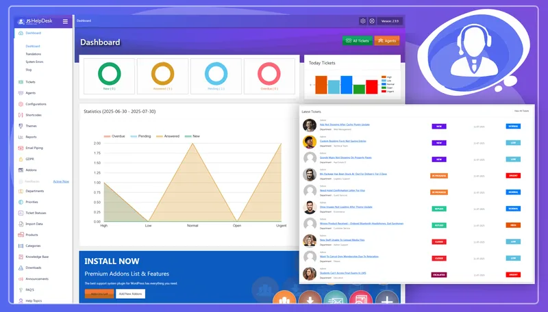 JS Help Desk admin dashboard with ticket statistics and latest tickets