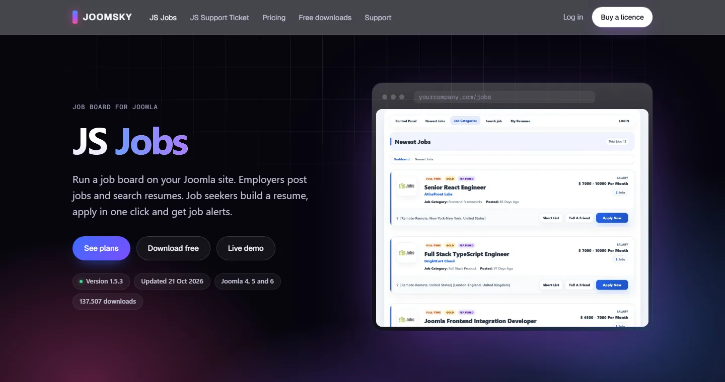 JS Jobs product page showing the Joomla job board with newest job listings